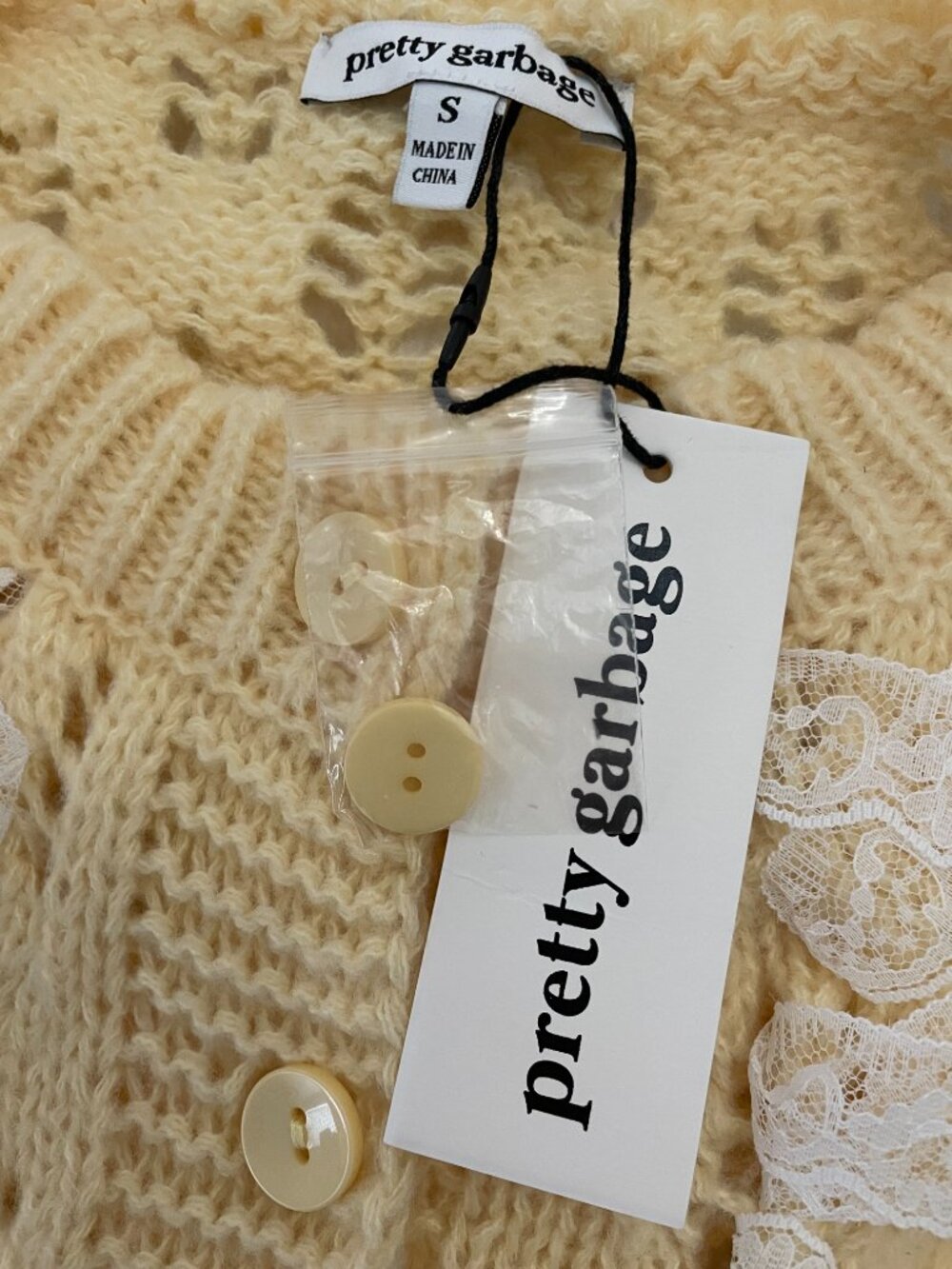 NWT Pretty Garbage Lace Up Pointelle Cardigan Sweater Yellow Cottagecore Small - Picture 10 of 10